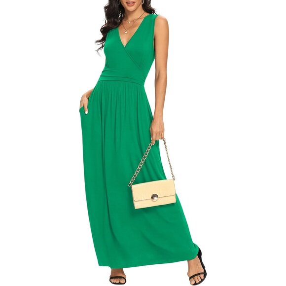 Women Bright Green Deep V Neck Sleeveless Loose Plain Long Maxi Stretchy Dress - Picture 1 of 6